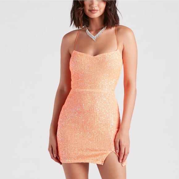 Windsor NWT Dazzle Down Sequin Lace-Up Mini Dress in peach size medium - Picture 1 of 14